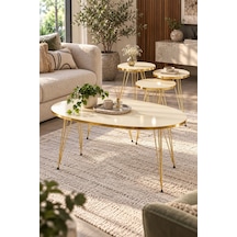 Sulorahome Elips Orta Sehpa Ve 3'lü Zigon Sehpa Seti - Gold Krem Altın - Krem