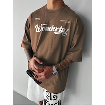 Wonderful Süprem T-shirt - Kahverengi Baskılı Oversize Bisiklet Yaka Tişört Kahverengi-78499