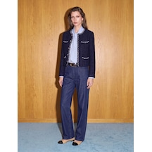 Koton Slim Fit Uzun Kollu Bisiklet Yaka Kontrastlı Düğmeli Tüvit Ceket Lacivert 7wak50024pw