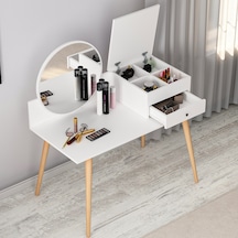 Angel Aynalı Fonksiyonel Makyaj Masası – Çekmeceli ve Gizli Takı Bölmeli, Beyaz