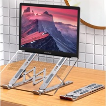 Katlanabilir Alüminyum Laptop Standı 13 Kademeli Yükseklik Ayarlı, Telefon Tutuculu, Taşınabilir, Ergonomik, Isı Dağıtıcı, Kaymaz Silikon Destekli Notebook Sehpası
