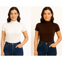 İngegno Body Yarım Balıkçı Yaka Kısa Kol Örme Kumaş Viskon Body 2 Li Paket Kahverengi