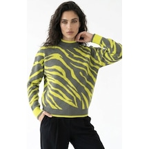 Neden Tekstil Kadın Premium Dik Yaka Zebra Desenli Triko Kazak - Haki-yeşil