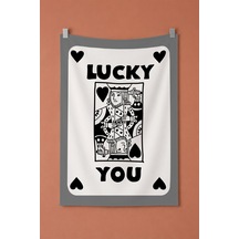 Lucky You Kupa Kralı İskambil Kartı Temalı Dekoratif Duvar Örtüsü Duvar Halısı Beyaz
