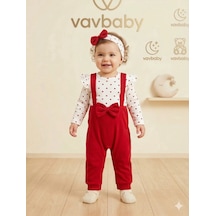Kız Bebek Kalp Desenli Fırfırlı Body Ve Kırmızı Fiyonklu Salopet Tulum Ve Bandana Seti Çok Renkli