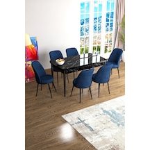 Canisa Han Serisi, Siyah Mermer Desen 70x114, Açılabilir Mdf Mutfak Masa Takımı, 6 Lacivert Sandalye Masa Siyah Mermer Sandalyeler Lacivert