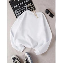 Kadın 3 İplik Pamuklu Bisikilet Yaka Sweatshirt - Beyaz