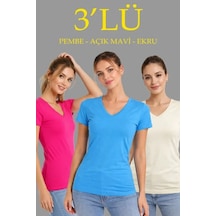 Valensdesign 3lü V Yaka Tişört Kısa Kollu Yazlık Slim Fit Body - Pembe, Açık Mavi, Ekru Çok Renkli