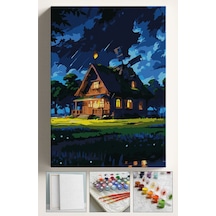 Sayılarla Boyama Seti Numaralı Tuval Fırça Boya Dahil Kasnaklı Set 40x50 Cm - Gece Yıldızlı Ev