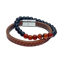 Jtss26blk1710 Hakiki Deri Alaşımlı Metal Kilit Havlit Jasper Onyx Ve Hematit Doğaltaş Kutulu Garantili Janti Kombin Bileklik Çok Renkli