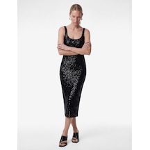 Koton Pullu Payetli Kolsuz U Yaka Midi Slim Fit Abiye Elbise Siyah 6sak80010fk