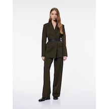 Koton Koton X Sima Tarkan - Nervürlü Cepli Straight Fit Kemerli Bol Paça Pantolon Yeşil 6wak40045ew Koyu Haki