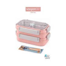1200 Ml İki Kat Üç Bölme Paslanmaz Çelik Bento Lunch Box Yeni Nesil Sefer Tası Çelik Kaşıklı -22ff15 Pembe
