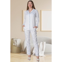 Mecit Pijama Mecit 5143 Bayan Mavi Boydan Düğmeli Uzun Kollu Pijama Takımı 001