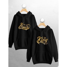 Macklin Sevgili Çift Kombini King Queen Baskılı Tasarım Kapüşonlu Sweatshirt 2'li Set Takım Siyah Mck0940 Siyah