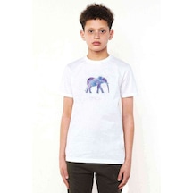 Tshirthane Mor Ve Mavi Fil Boyama Fil Baskılı Unisex Çocuk Beyaz T-Shirt