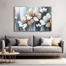 Yağlı Boya Dokulu Tablo Soyut Krem Beyaz Çiçekler Altın Çerçeveli U02027-178881
