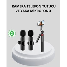 Kablosuz Çift Yaka Mikrofonu Ve Tripodlu Selfie Çubuğu İçerik Üretici Seti - Lisinya