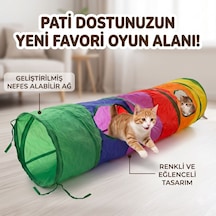 Kedi Oyun Tüneli 120 Cm Çok Pencereli Katlanabilir Gökkuşağı Kedi Tüneli Oyuncaklı Ponponlu