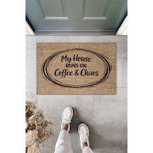 Rugmood Modern Dijital Baskı - My House Runs On Coffee & Chaos Yazılı - Kapı Önü Paspası Kahverengi