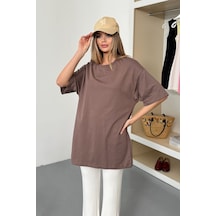 Giysa Kadın Bisiklet Yaka Oversize %100 Pamuklu Basic T-shirt Açık Kahverengi - 26y 26501 Açık Kahverengi