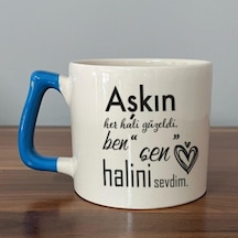 Mor Mürekkep Aşkın Her Hali Güzeldi Baskılı Mavi Kulplu D Kupa