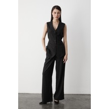 Siyah Çok Düğmeli Çizgili Premium Takım Siyah