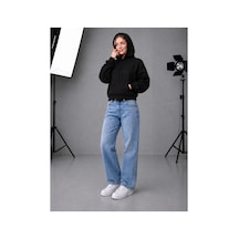 Herkesemoda Kadın Cepli Kapüşonlu 2 İplik Şardonlu Crop Boy Oversize Sweatshirt Siyah