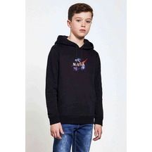 Tshirthane Nasa Agency Baskılı Unisex Çocuk Kapüşonlu Siyah Sweatshirt Siyah