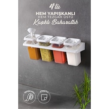 Kitchen Life 4'lü Etiketli Standlı Kilitli Kaşıklı Kendinden Yapışkanlı Kare Baharatlık Takımı - Erzak Kabı Seti Beyaz