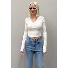 Madmext Beyaz V Yaka Uzun Kollu Düğme Detaylı Kaşkorse Bodysuit Mg2194 Beyaz