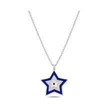 Çekirdekjewelry 925 Ayar Gümüş Rodyum Kaplama Mavi Mineli Yıldız Kolye Zirkon Taşlı Şık Tasarım Gri