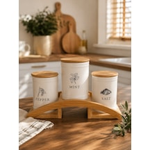 Bambu Standlı 3 Lü Baharatlık Seti Salt, Pepper & Mint Beyaz