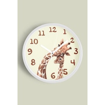 Sevimli Zürafa Temalı Çocuk Odası Modern Duvar Saati - 30cm - Önü Camlı Beyaz Kasa-jh0026 Beyaz
