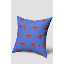 Mavi Kırmızı Dudak Desenli Kırlent Kılıfı Mavi