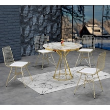 Avvio 90x90 Ella 4 Kişilik Beyaz Mermer Görünümlü Metal Mutfak Masası Takımı-gold Tel Sandalyeli 90x90 Cm Beyaz