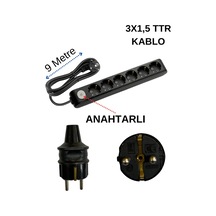 Avarson 6'lı Altılı Priz Topraklı Anahtarlı Kablolu Siyah 3x1,5 Ttr 9 Dokuz Metre