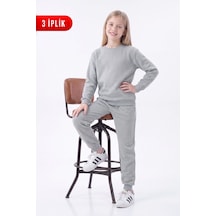 Fyk Kids 3 İplik Düz Kız Çocuk Çift Cepli Bisiklet Yaka Eşofman Takımı Gri