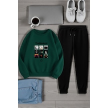Uyguntarz Unisex The Weekend Tasarım Basklı Bisiklet Yaka Sweatshirt - 2'li Eşofman Takımı Yeşil