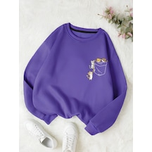 Startmore Mor Kadın Renkli Cat Özel Göğüs Baskılı Oversize Bisiklet Yaka