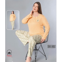 Melodi Kadın Büyük Beden Standart Kalıp %100 Pamuk Düğmeli Yaka Uzun Kol Baharlık Pijama Takımı 17096- 1 Adet Turuncu