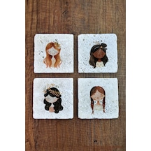 Sevimli Kızlar Temalı Doğal Taş Bardak Altlığı - Stone Coasters Çok Renkli