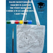 34x38 Cm Boyanabilir Ham Bez El Çantası Tek Yüzey Baskılıdır 6 Renk X 15 Cc Akrilik Boya 1 Fırça Unicorn