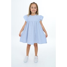 Toontoy Kız Çocuk Dokulu Oversize Bisiklet Yaka Kısa Kollu Büzgülü Elbise Mavi