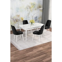 Mona Beyaz Mermer 80x132 Açılabilir Mdf Masa Yemek Odası Takımı, Mutfak Takımı 4 Adet Sandalye Beyaz Mermer - 4 Siyah - Beyaz Ayak