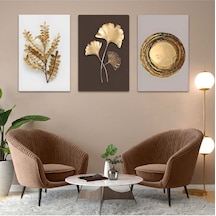 Modern Çizim Altın Yaprak 3'lü Mdf Tablo Set