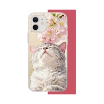İphone 11 Uyumlu Pembe Yapraklı Kedi Uv Baskılı Silikon Kılıf Renkli