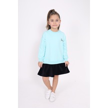 Toontoy Kız Çocuk Göğsü Yazı Baskılı Elbise Su Yeşili