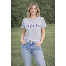 Herkesemoda İt's Glow Time Baskı Detaylı Basic T-shırt Gri