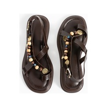 Duxal Shoes Greta Kadın Boncuklu Parmak Arası Sandalet Rahat Taban Acıkahve